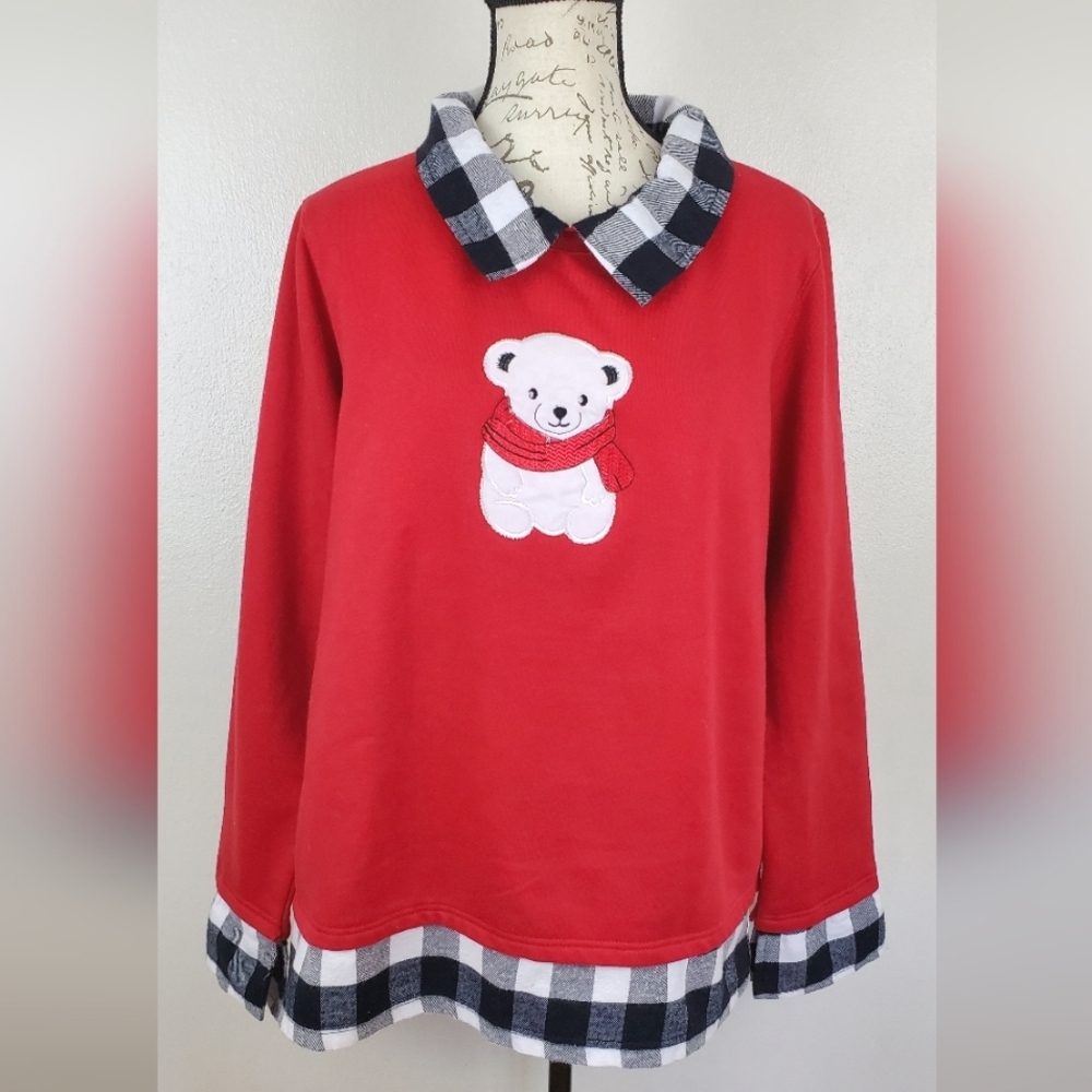 Country Store Polar Bear Pullover Sweatshirt Sz XL Red Plaid Trim Winter Holiday